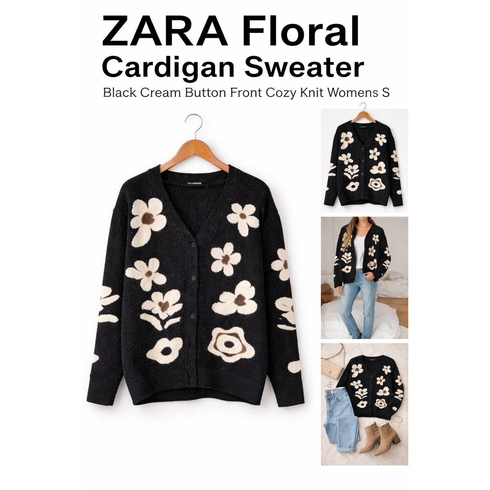 ZARA Floral Cardigan Sweater Black Cream Button Front Cozy Knit Womens S